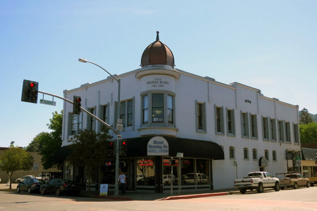 Historic Marks Building that houses Ukiah Brewing in the downtown area of Ukiah, California.