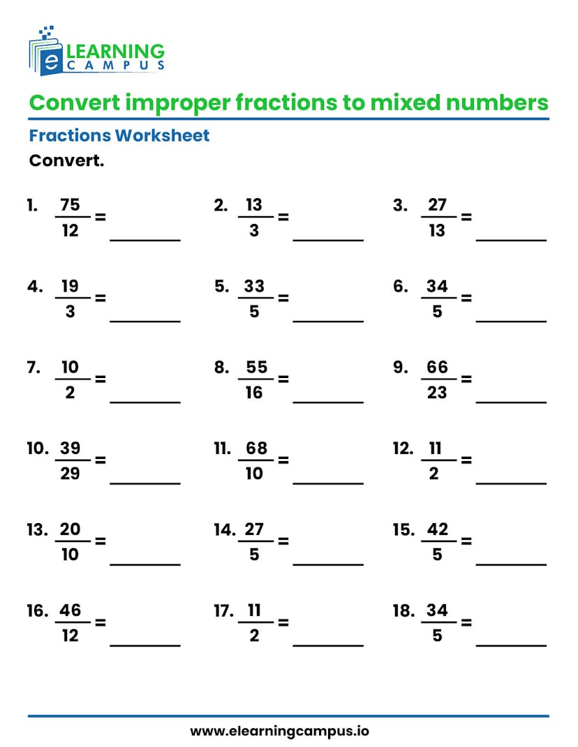Converting improper to mixed fraction worksheet