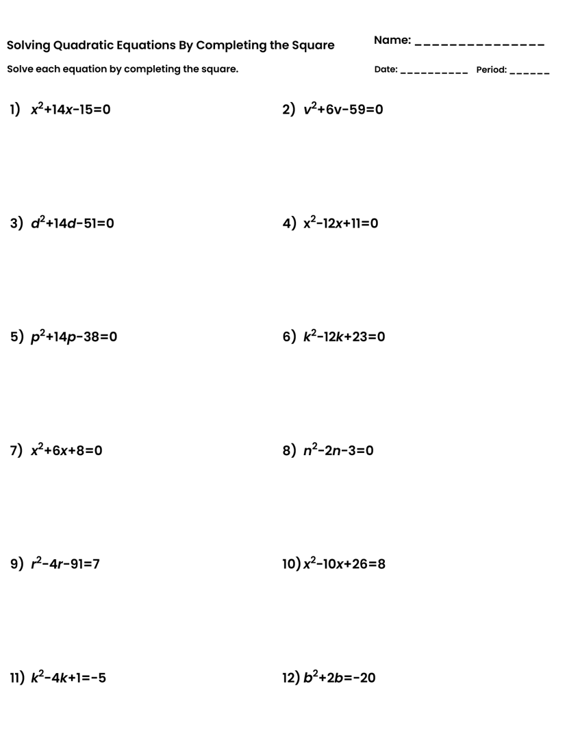 Solve quadratic equation using worksheets on completing the square