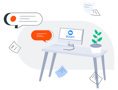 An illustration of a computer on a desk with the Zoom logo on the screen