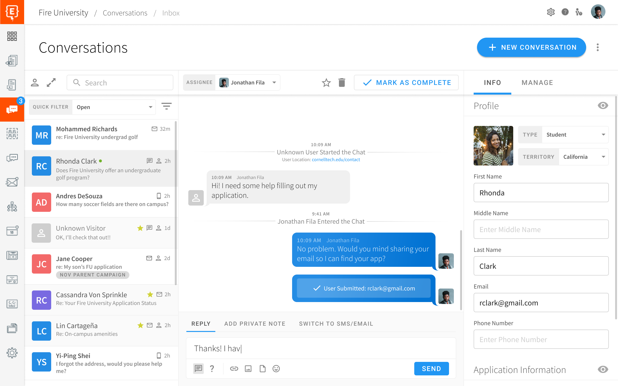 Element451 Conversations interface showing a chat between a student and a counselor