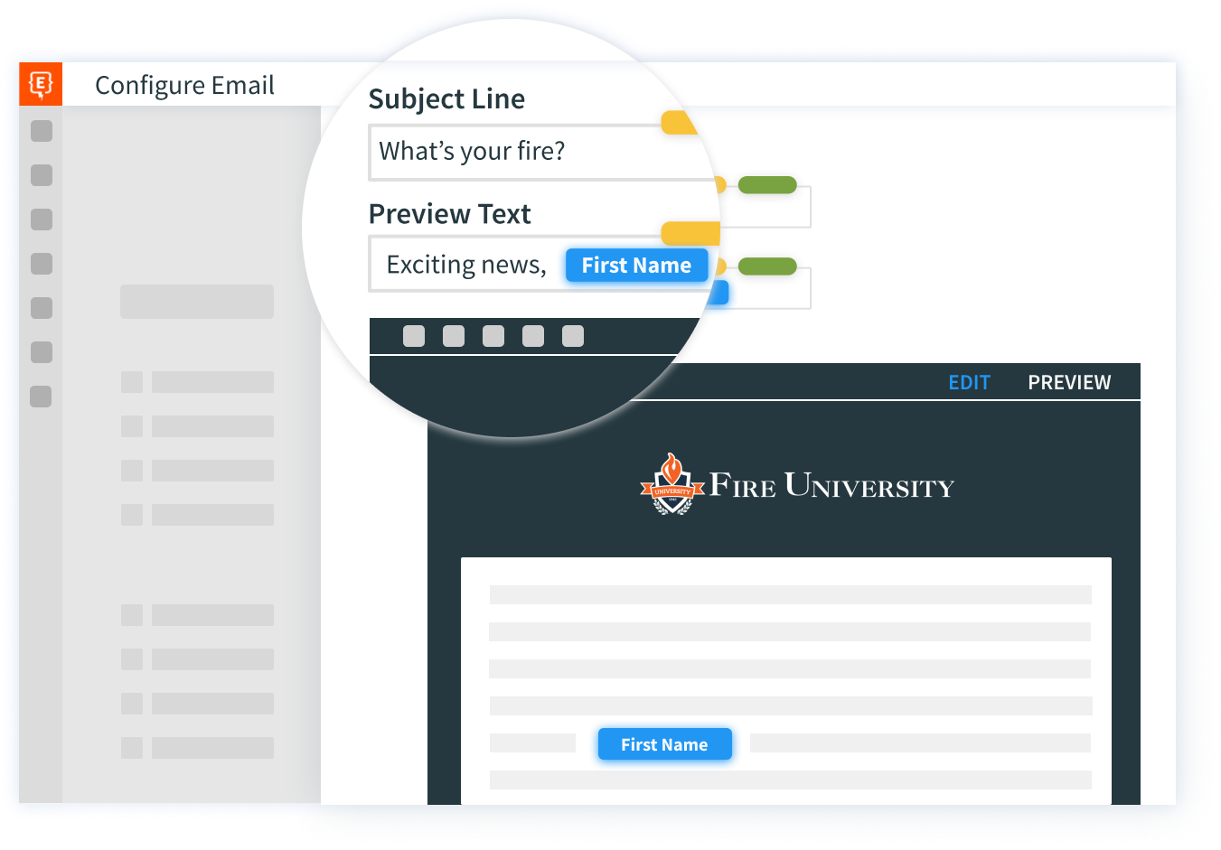 An image from the Element451 software program showing a personalized email message to a prospective college student.