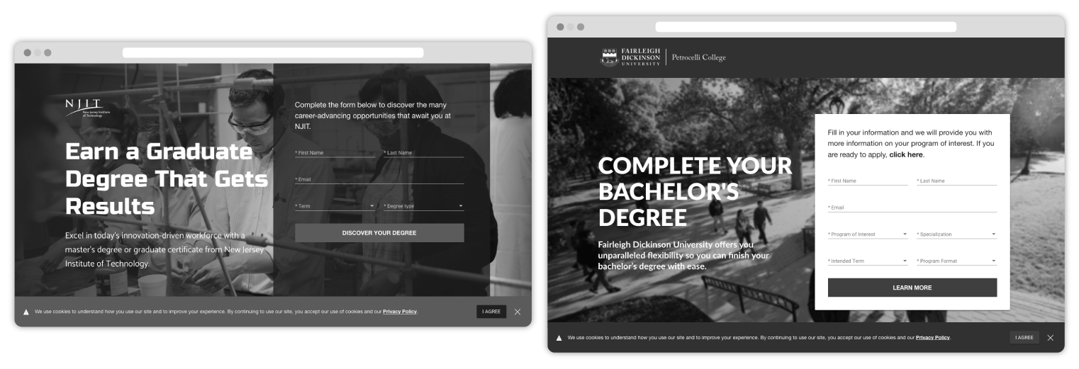 Two examples of University's RFI forms on their websites.