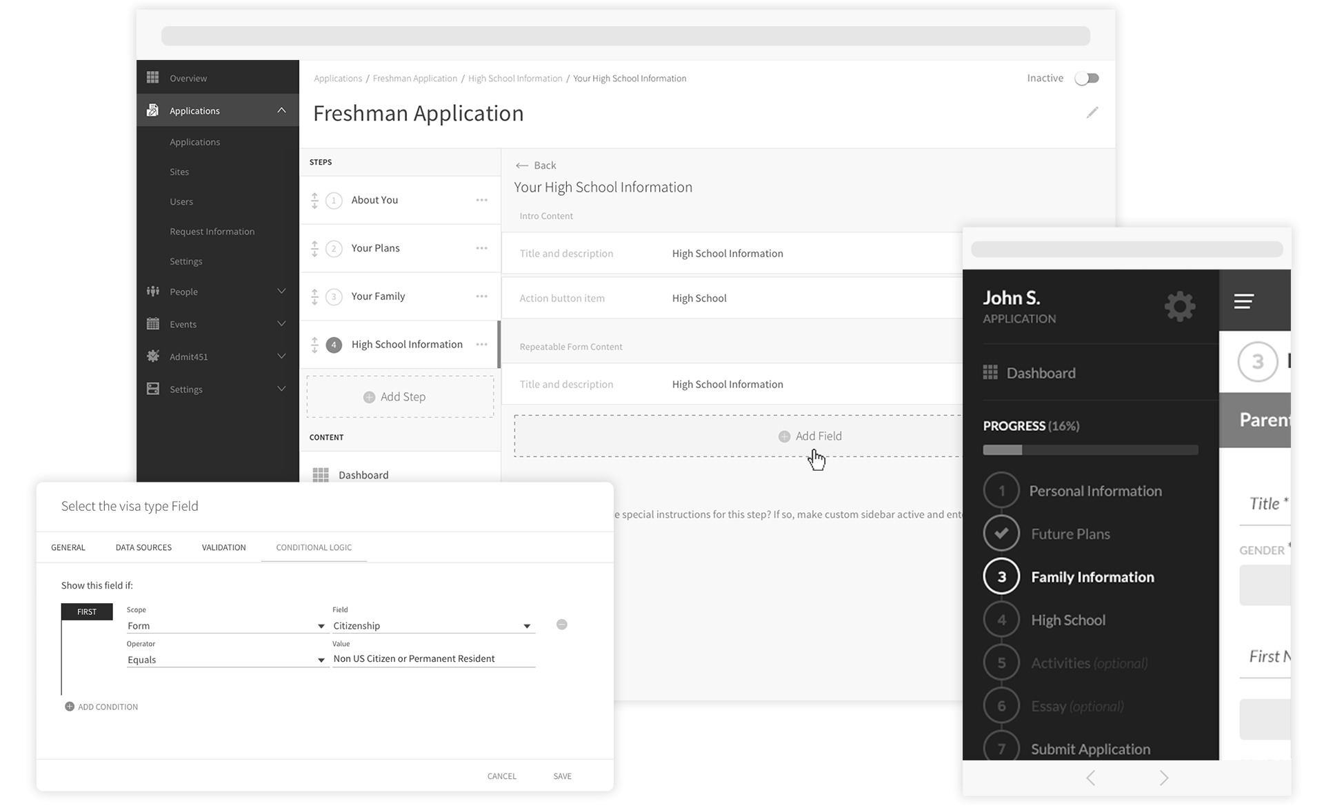 A screenshot of the application setup: what the application set up options look like and a dashboard with the progress.