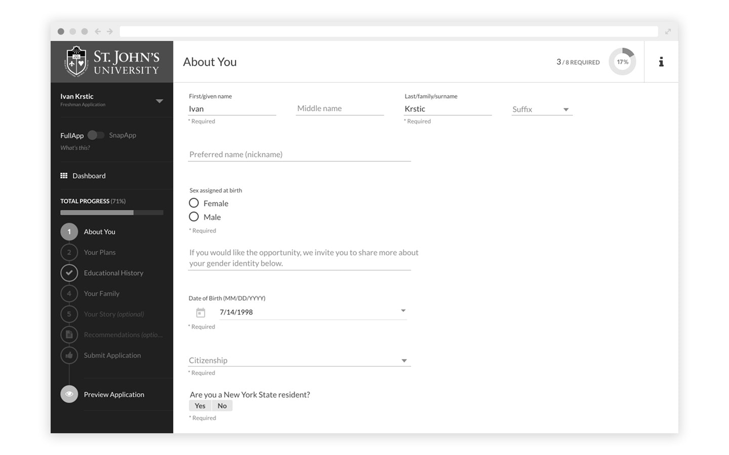 "About you" section asking biographical questions within an application for admission.