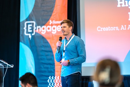 Zach Busekrus from Enrollify presenting on Higher Ed Content Marketing 3.0: Creators, AI Agents, and Owned Channels — Oh My! at the 2023 Engage Summit