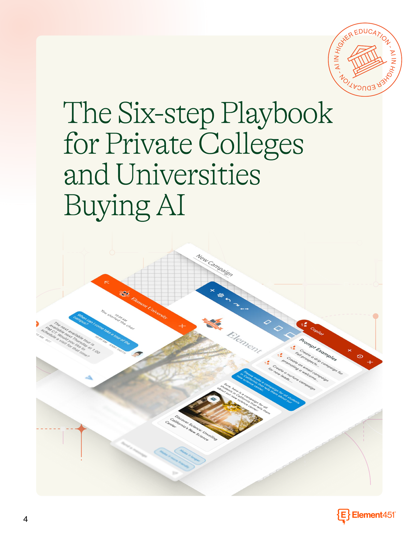 Guide page titled The Six-step Playbook for Private Colleges and Universities Buying AI, with product screens showing chat, campaign, and Copilot views.
