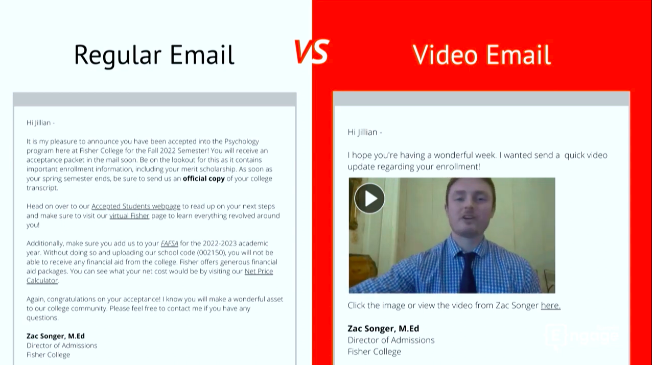 An image showing a regular text-heavy email next to a simplified and engaging video email