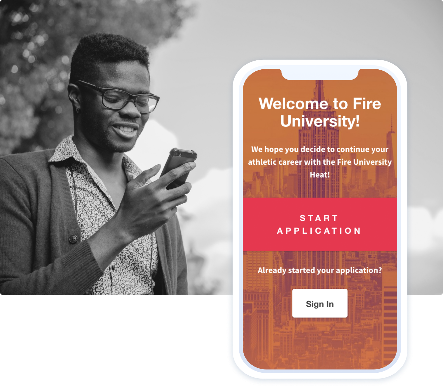 A student looking at a smartphone which has an application portal website on it