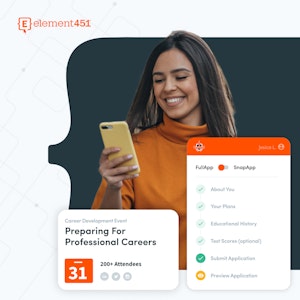 Graphic of a young student smiling at her phone. She is viewing her digital application checklist and signing up for a career development event online.