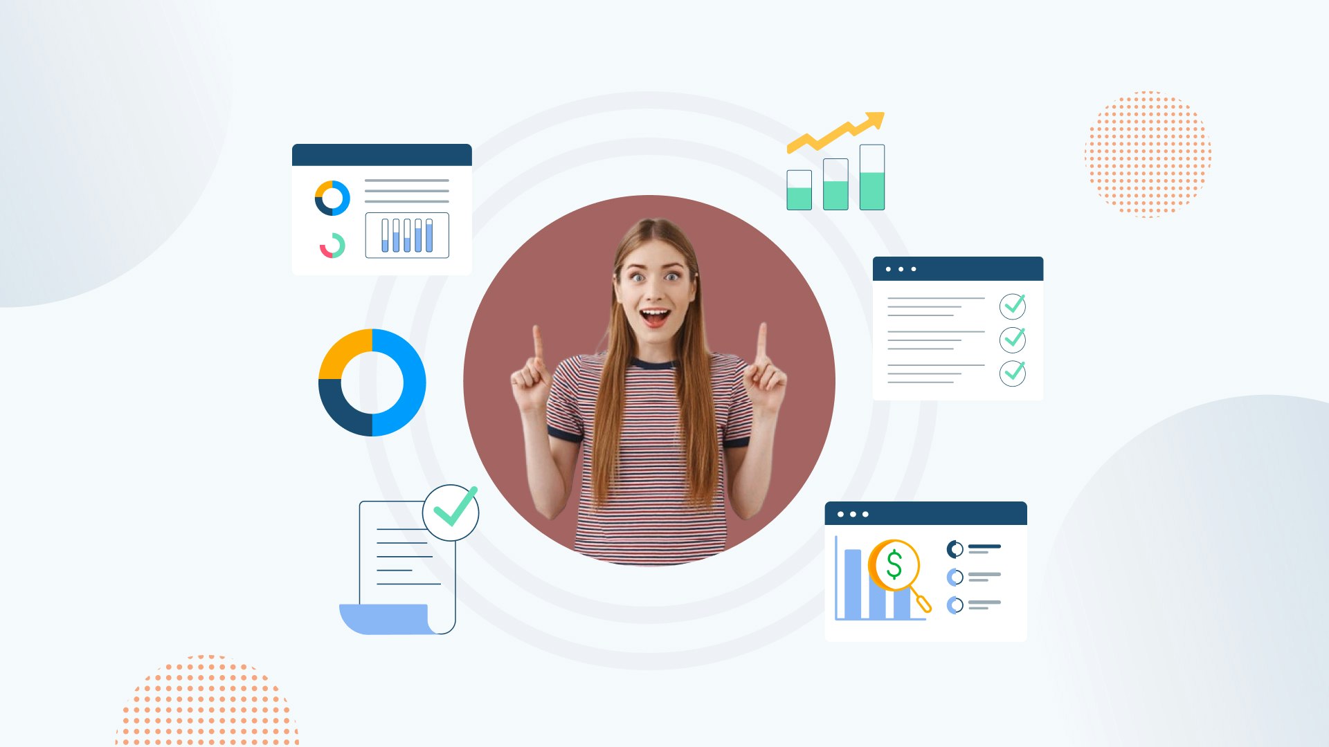 Young woman pointing excitedly to icons representing graphs and charts around her
