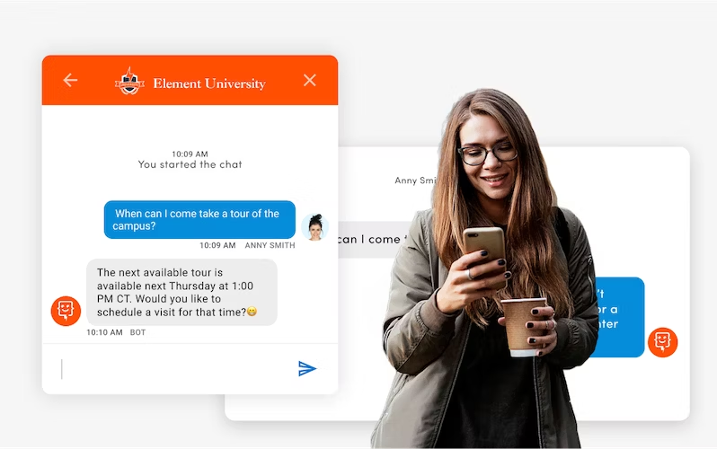Element University with Student on phone with coffee SMS Chat