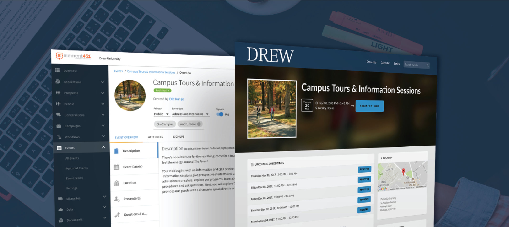 A screenshot of a Drew University even page and event backend with Element.