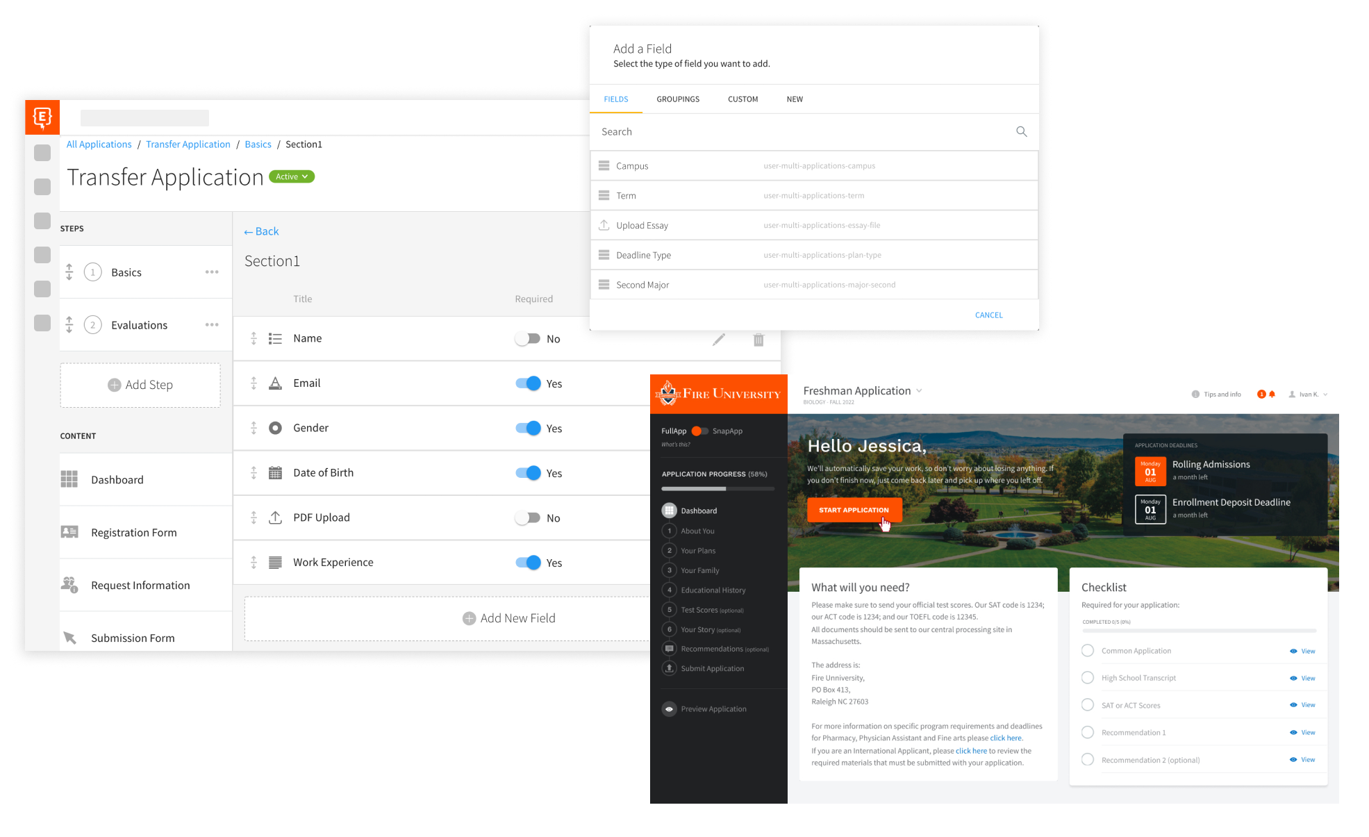 Screenshots of an application backend and frontend. A drag and drop form builder is a featured component.