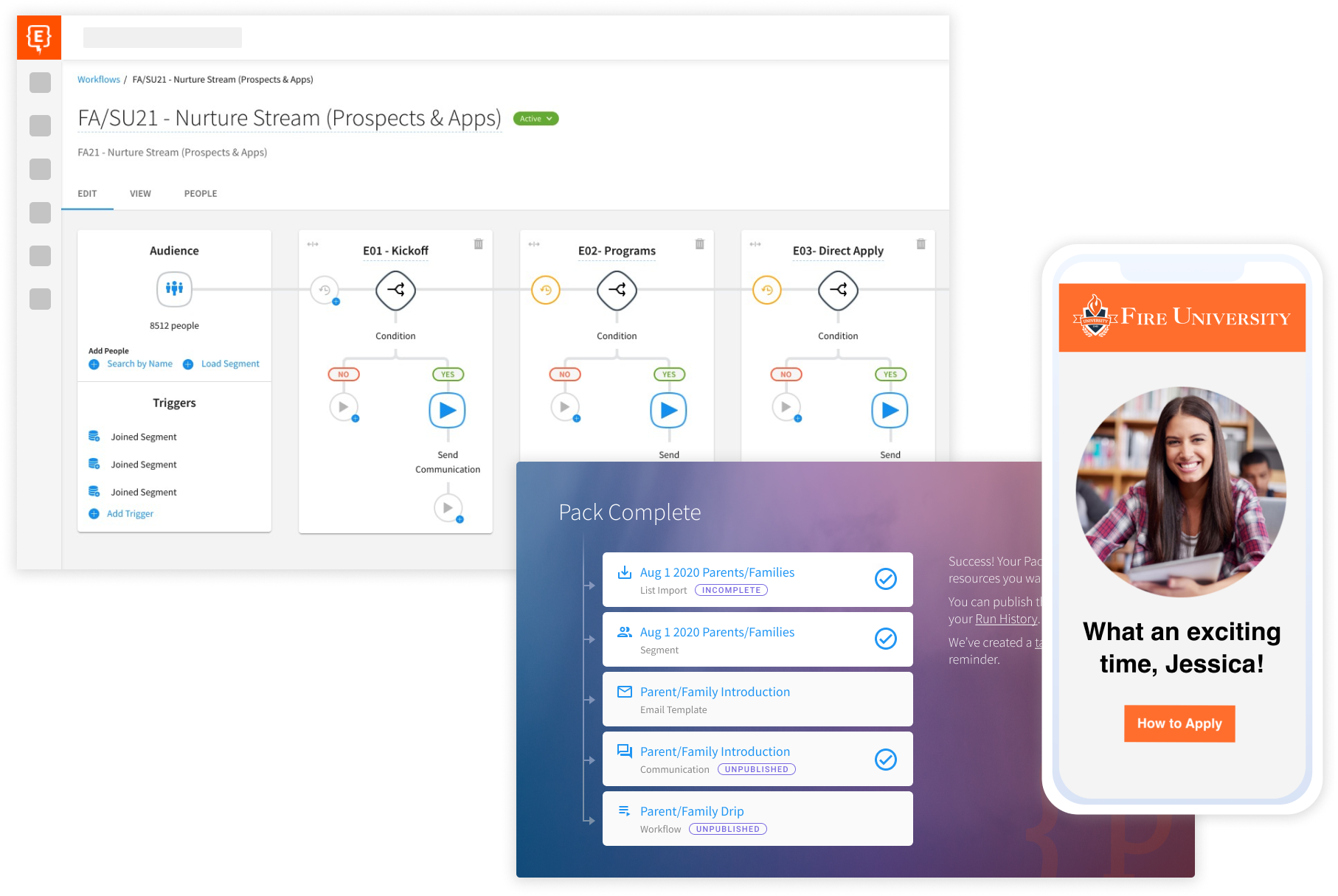 Screenshots of an email workflow and results.