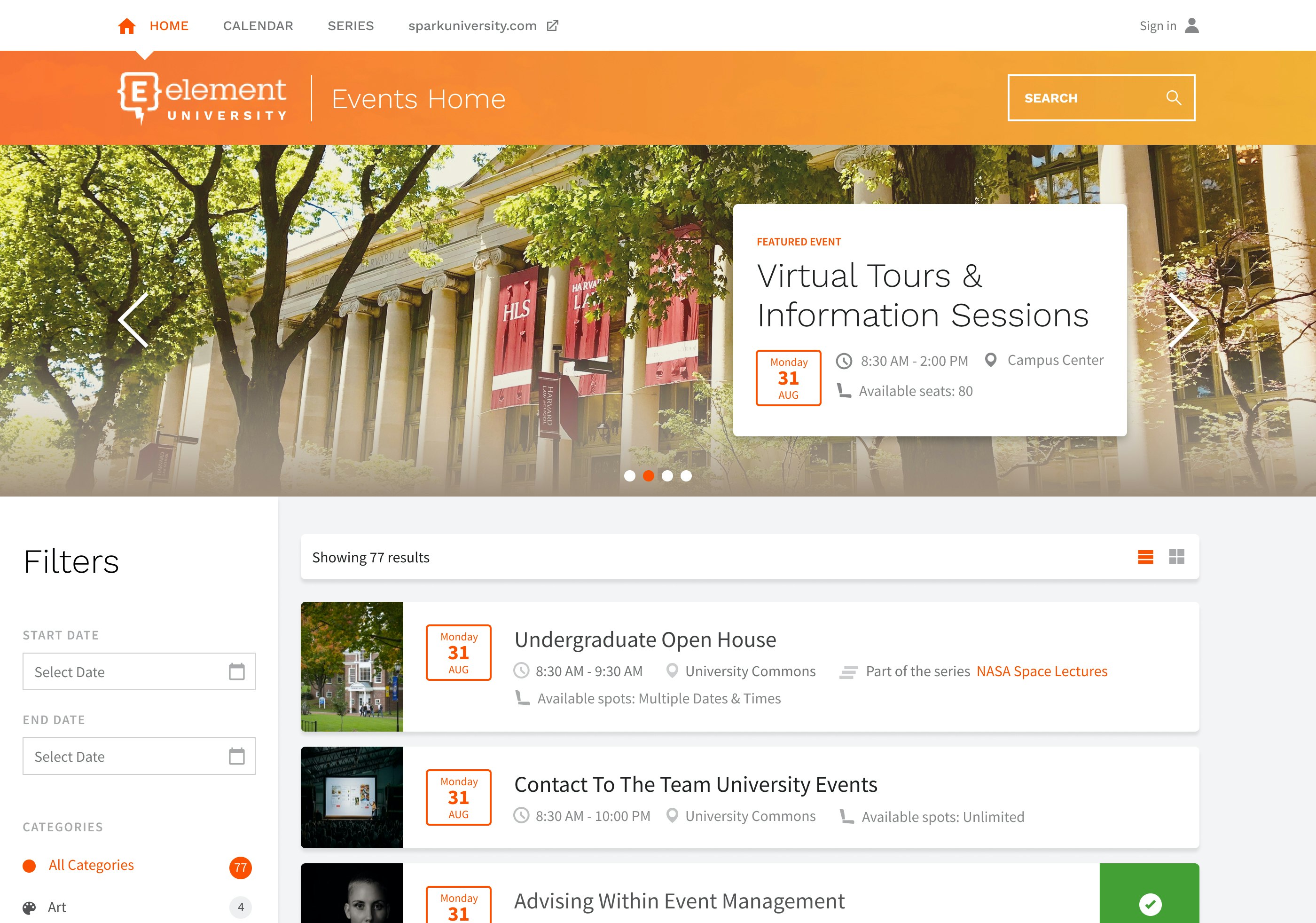 A web page screenshot of the events home page in the Element451 events portal functionality. The page has a featured event in the top banner and a list of additional events below.