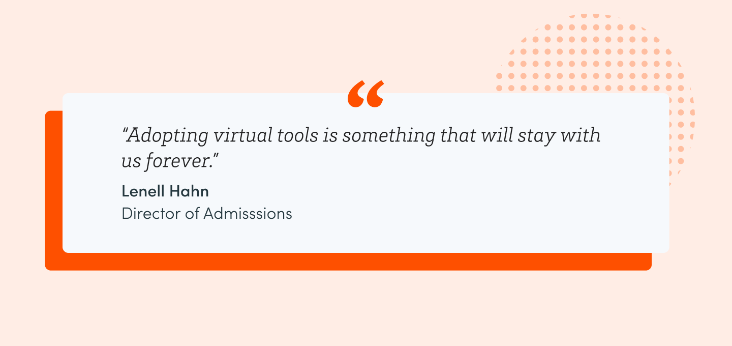 A quote from Lenell Hahn, Director of Admissions: Adopting virtual tools is something that will stay with us forever."