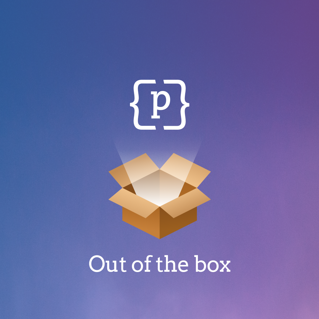 The letter p surrounded by brackets and a graphic of a box opening up with light coming out of it. The words "out of the box"