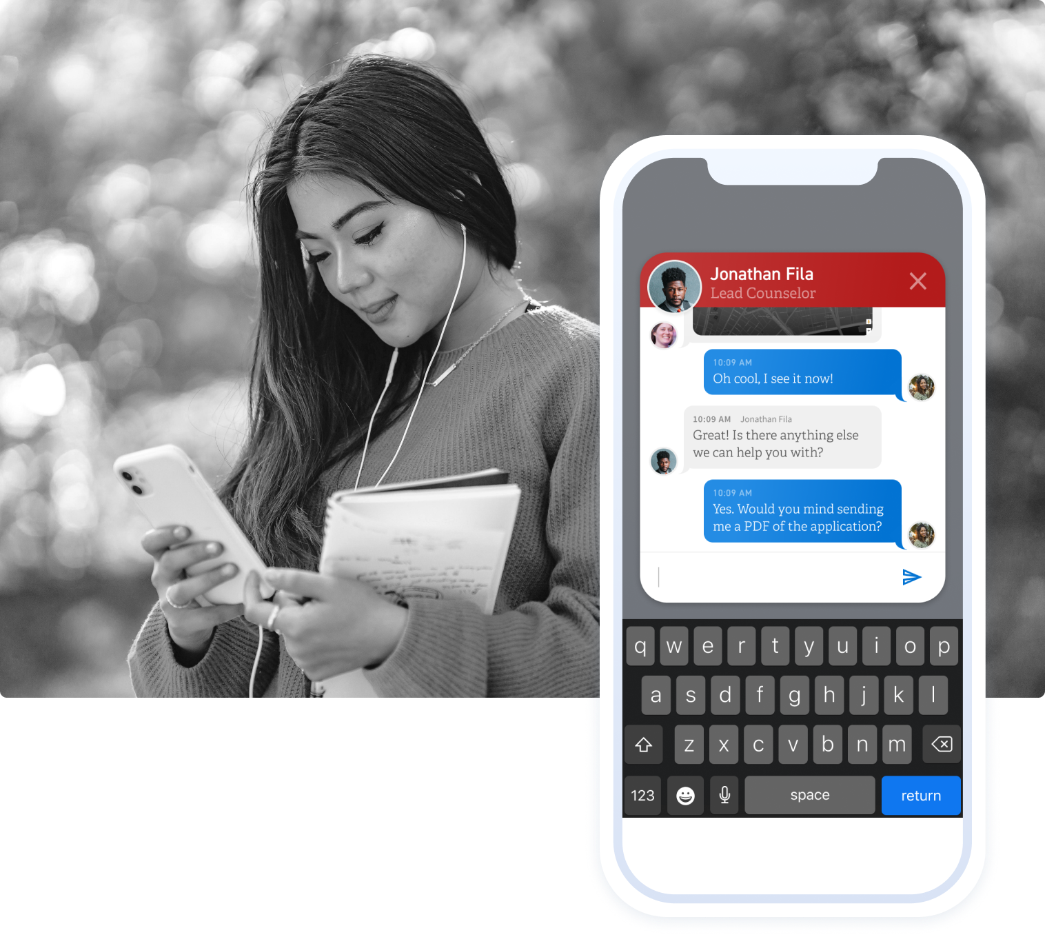 A student on her phone, next to a phone graphic with chat bubbles