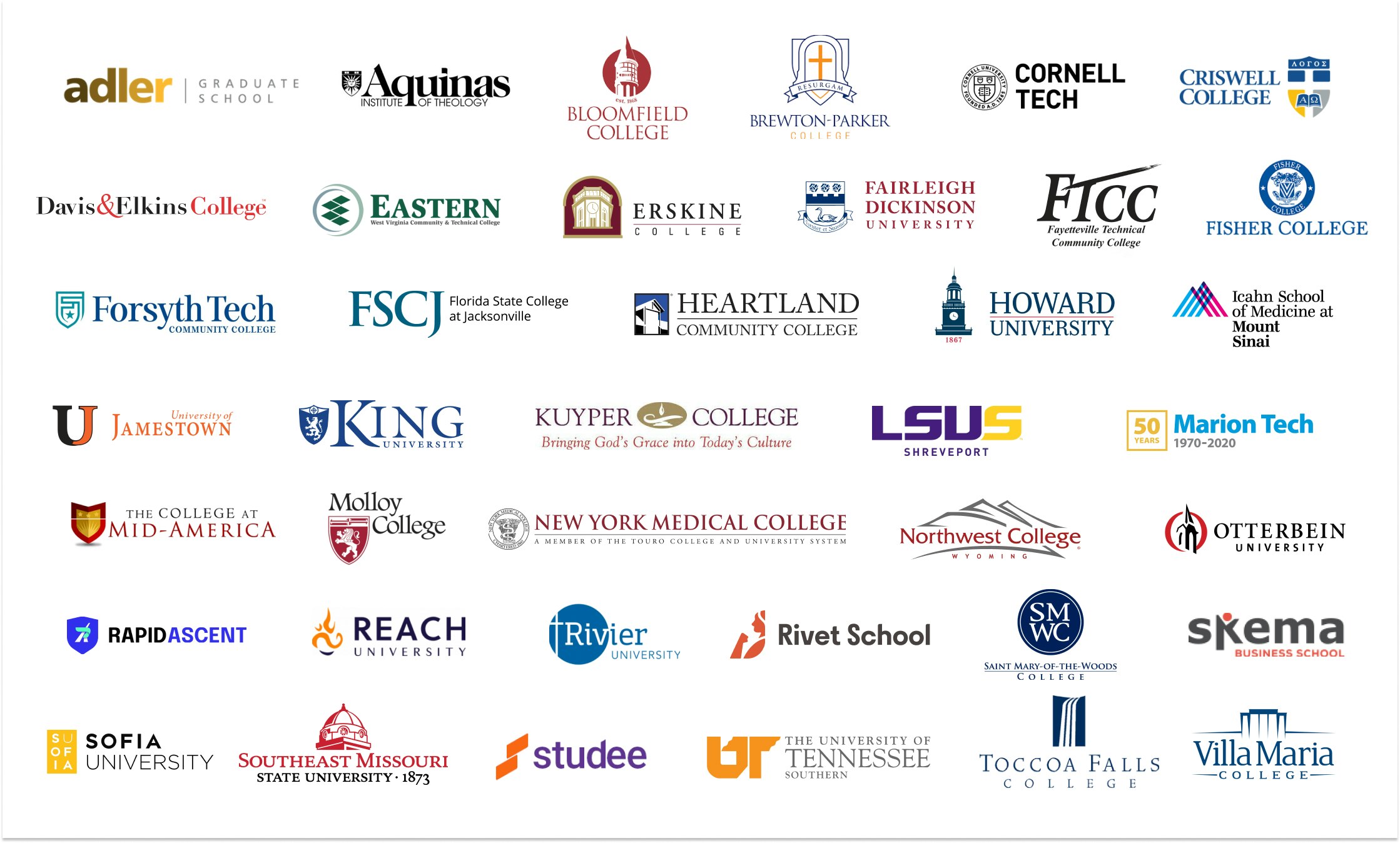 Logos from Element451s customers who use the platform for student engagement, admissions marketing, and enrollment management