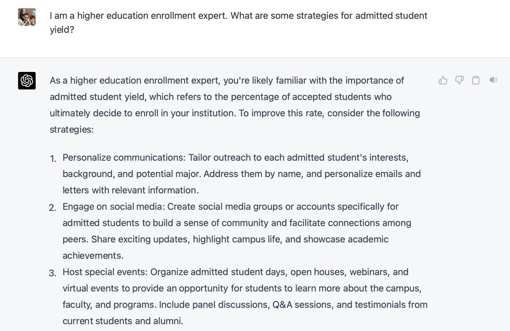 ChatGPT screenshot for admitted student yield