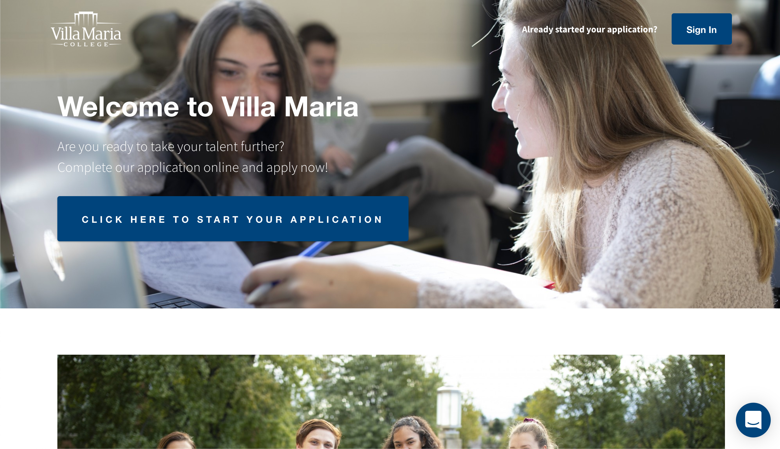 The Application portal homepage for Villa Maria college, powered by Element451