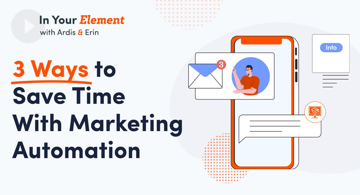 The title of the show "In Your Element with Ardis & Erin" and the headline "3 Ways to Save Time With Marketing Automation" with a cell phone featuring multiple text bubbles and e-mail notifications.