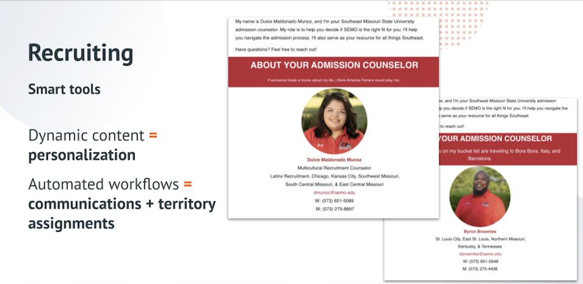An example of two SEMO emails featuring dynamic content used in an automated workflow for more personalized communication.
