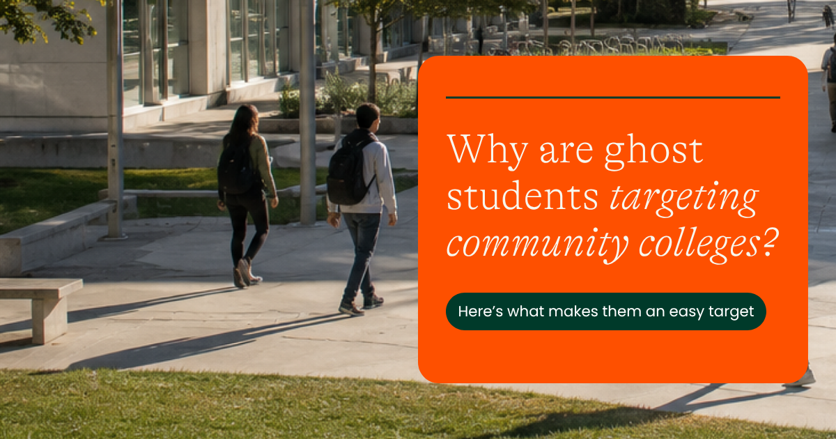 Students walking across a college campus next to the headline: Why are ghost students targeting community colleges?