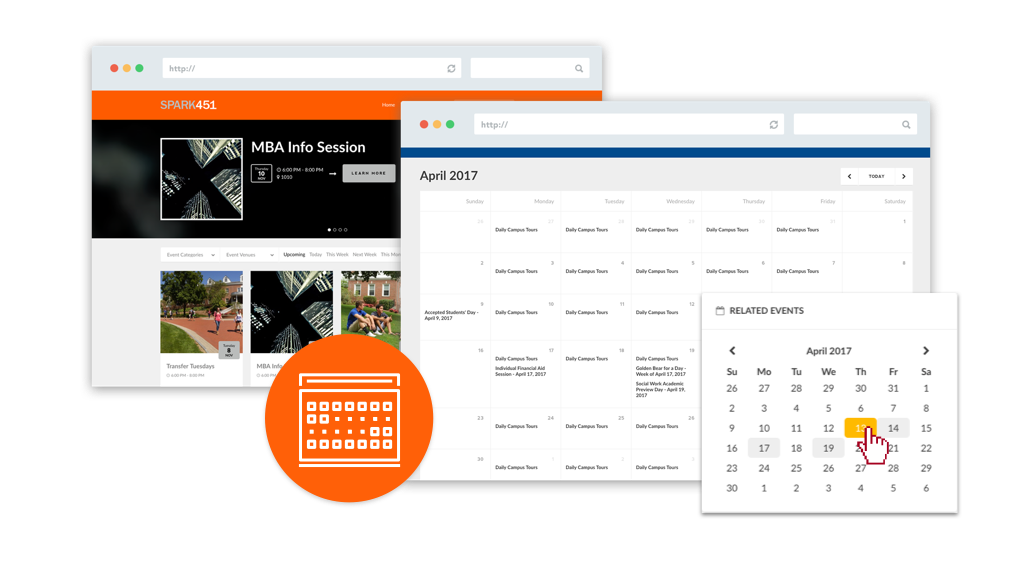 Events calendar look on the front and back end of Element451.