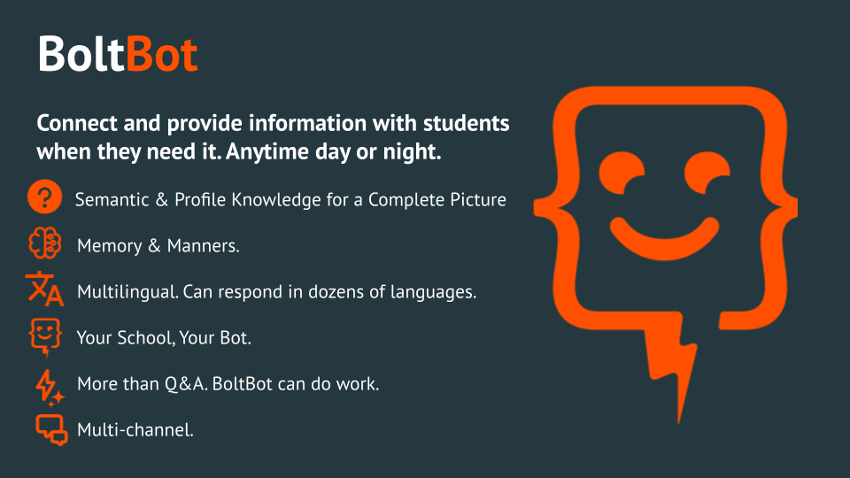 Webinar slide showing key features of Element451's AI-powered chatbot BoltBot