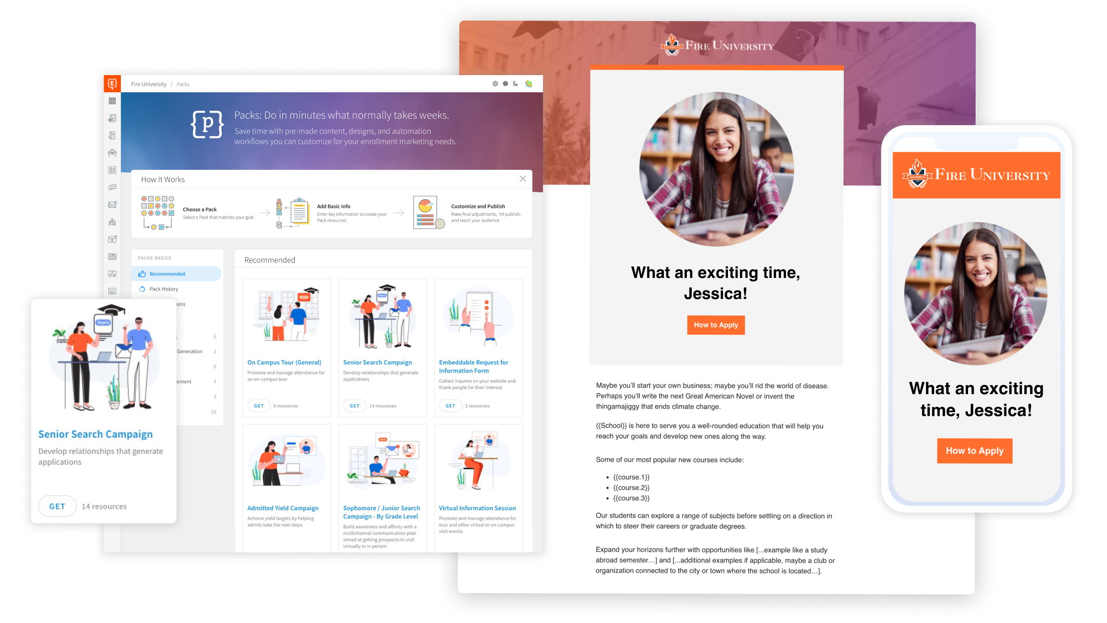 Screens of Packs backend and email campaign. The screenshot features Packs components and mobile view.