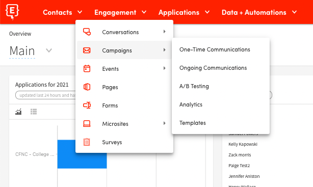 The new BOLT AI menu showing the four main tabs, Contacts, Engagement, Applications and Data + Automation.