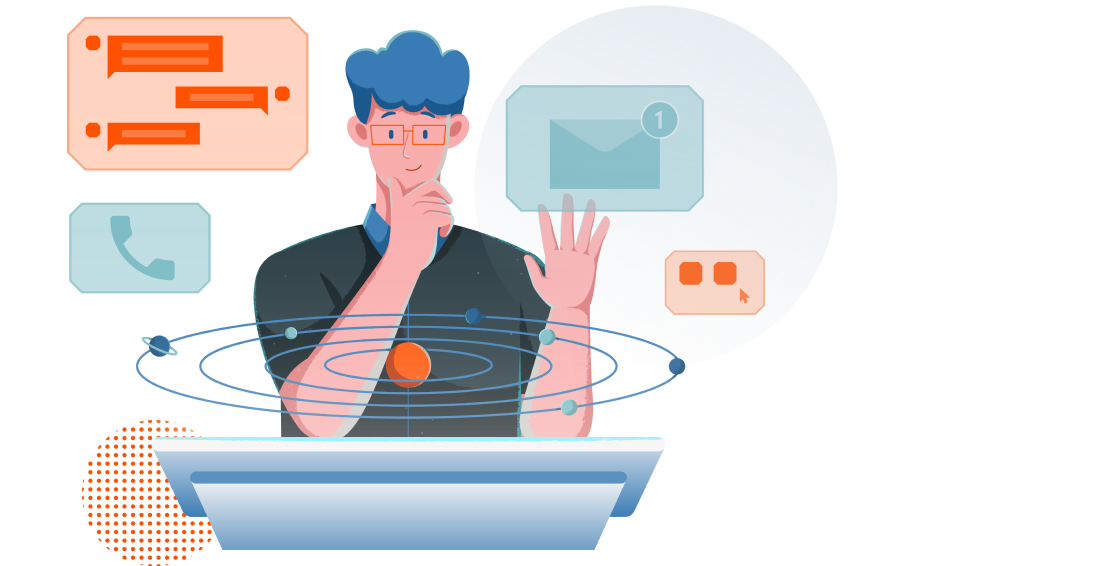 A drawing of a man managing different types of communications in a representation of a digital display from a video commercial from Element451's enrollment and engagement CRM