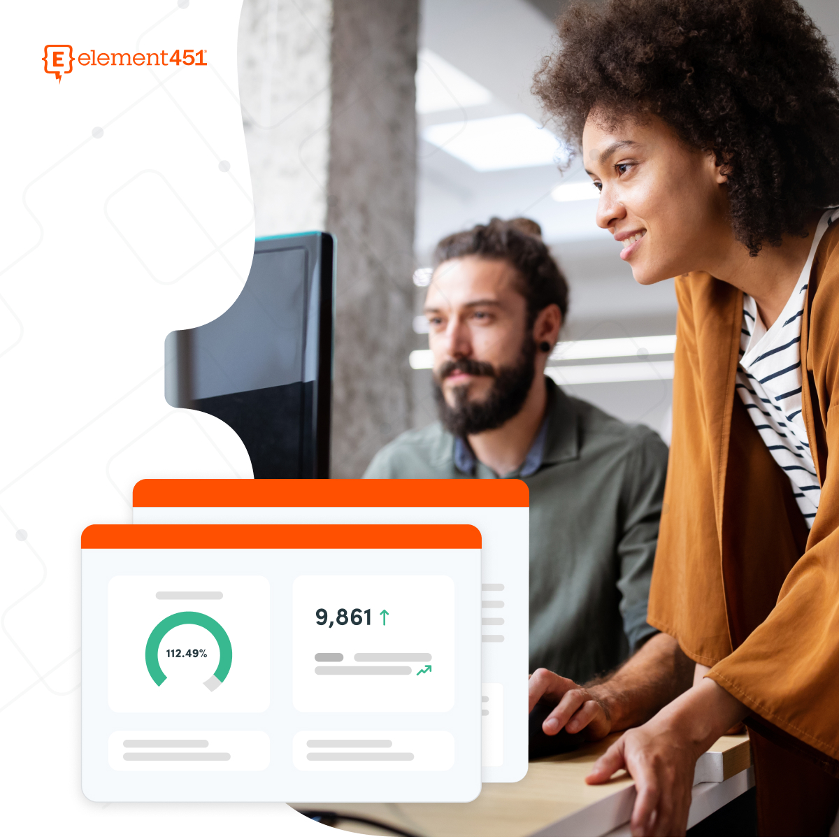 Graphic of staff working together on a computer. Image of graphics and data and the Element451 logo.