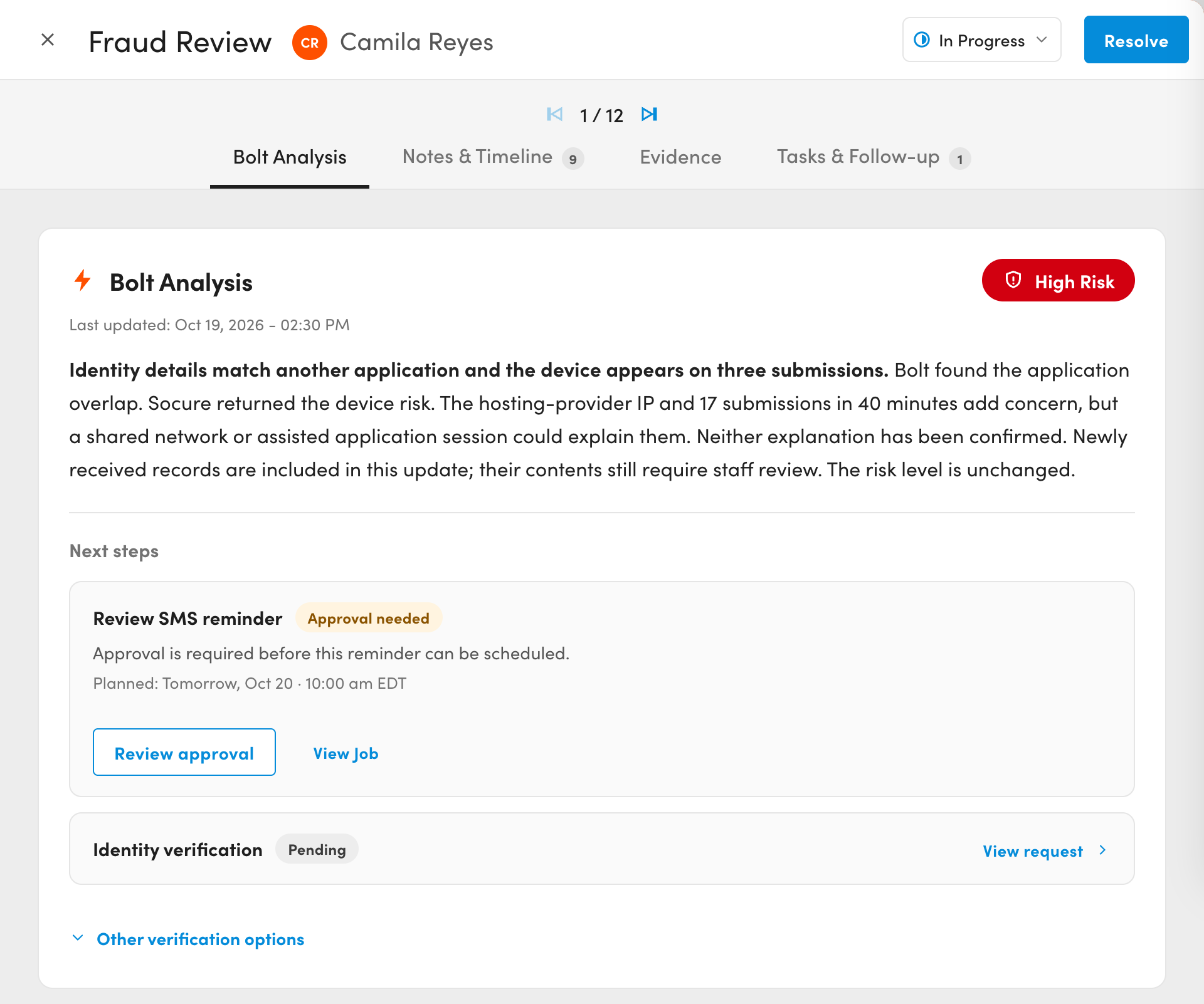 Preview of Bolt Fraud Detection and Resolution showing Bolt's analysis of a high-risk applicant and next steps for staff