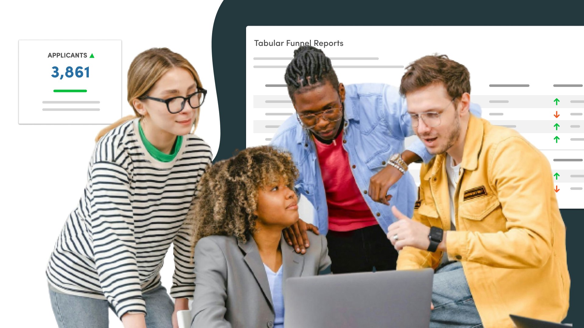 A group of students and staff gathered around a computer. Images of analytics screens and figures behind them.