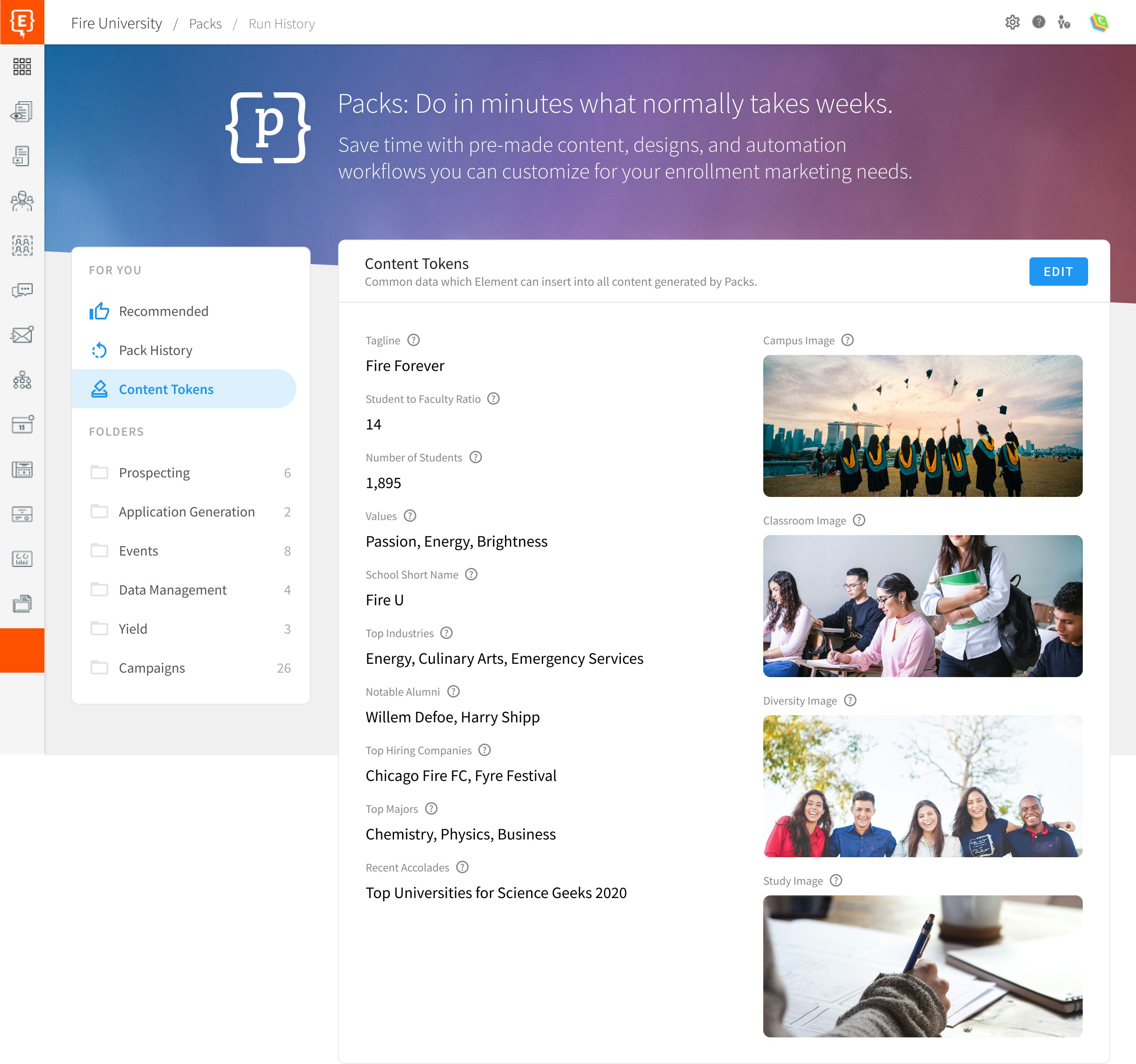 A web page screenshot of the Element451 Packs portal functionality. The page, featuring content tokens, shows a list of content and images to select for email marketing.