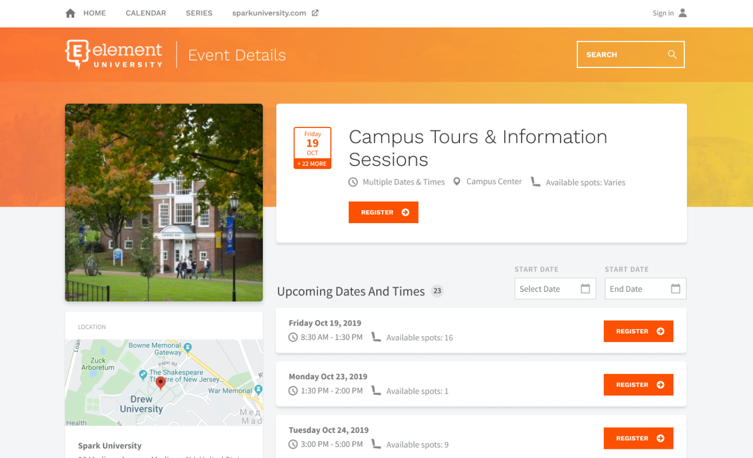 A web page screenshot of an event details page for an event in the Element451 events portal functionality. The page has a list of times with buttons to register.