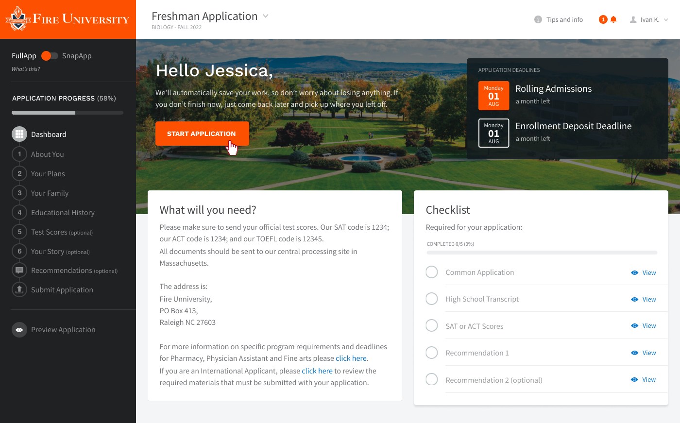 Screenshot of a student application page.