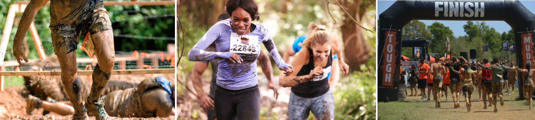 Three tough mudder race images. The first image demonstrates runners slipping in the mud, the second image portrays two females running, and the third image is the race's finish line.