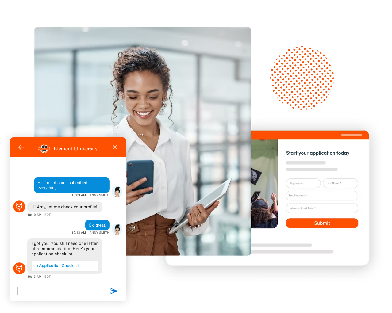 Woman interacting with a chat bot to check on her application status