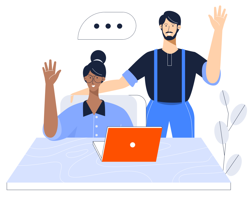 Illustration of two people waving at a computer screen.