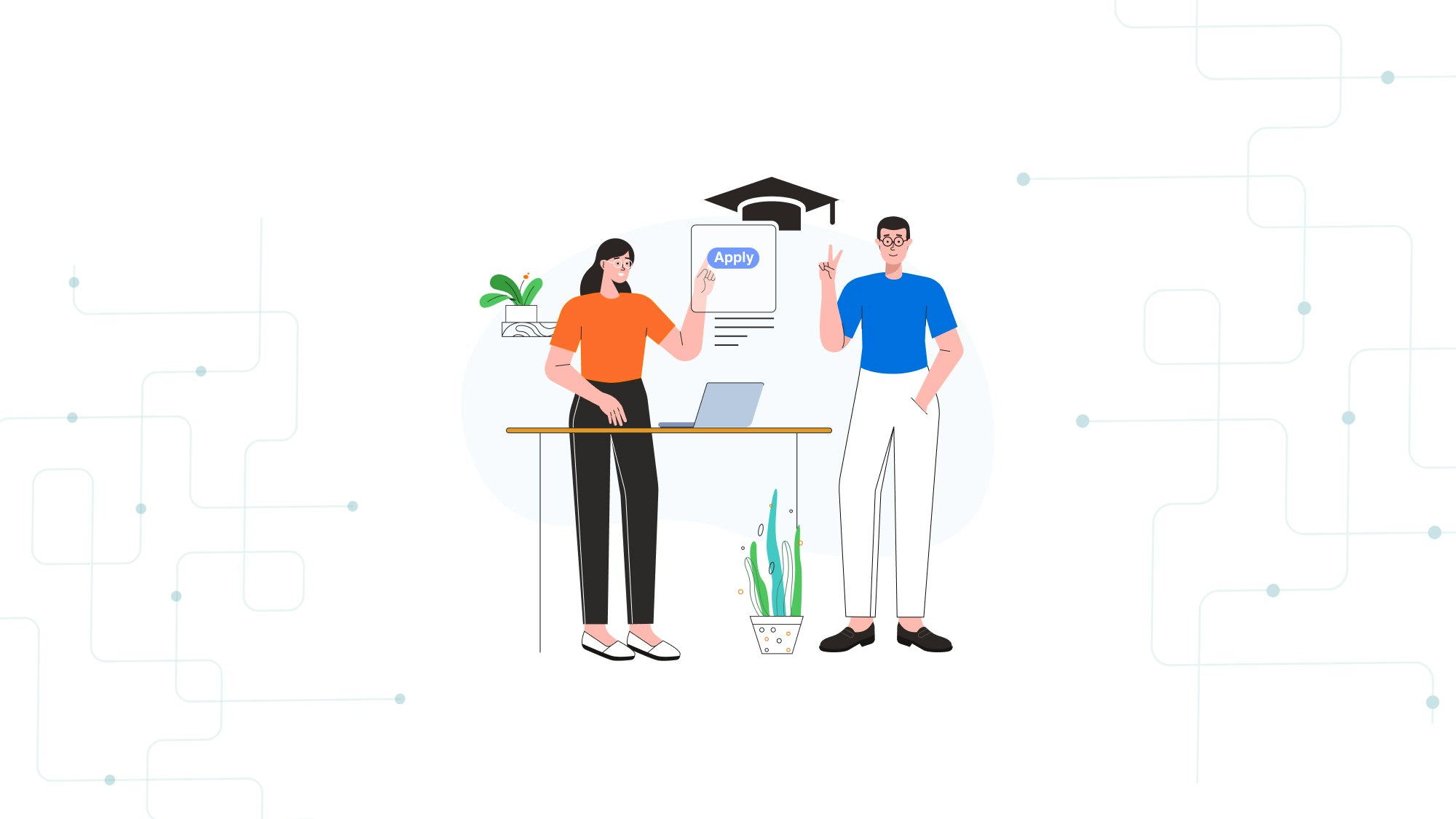 Two students standing in front of a laptop filling out a college application.