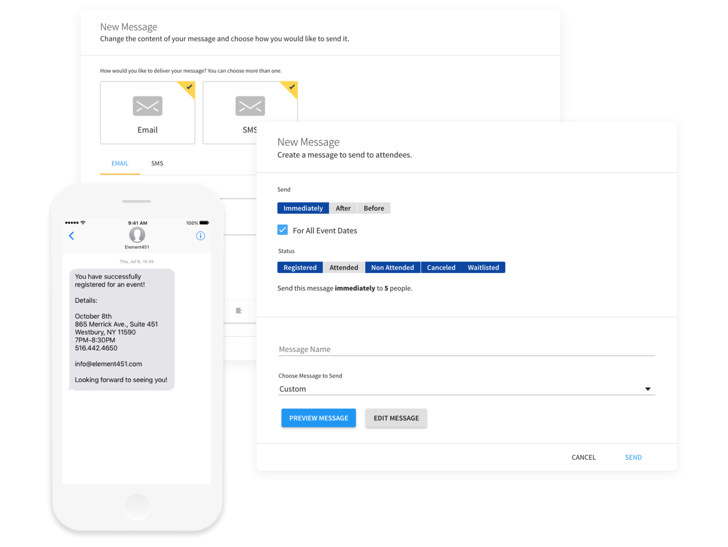 A collage of 2 web page screenshots and 1 phone screenshot of an SMS campaign. The web page screenshots shows the Element451 portal functionality for sending SMS campaigns. The phone screenshot shows the message being received.