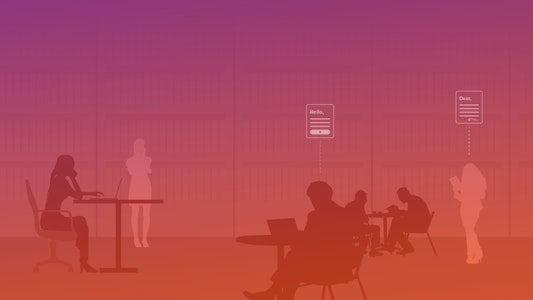 A group of people doing different activities. Some are sitting at tables working on a laptop, some standing, some on looking at email or text messages.