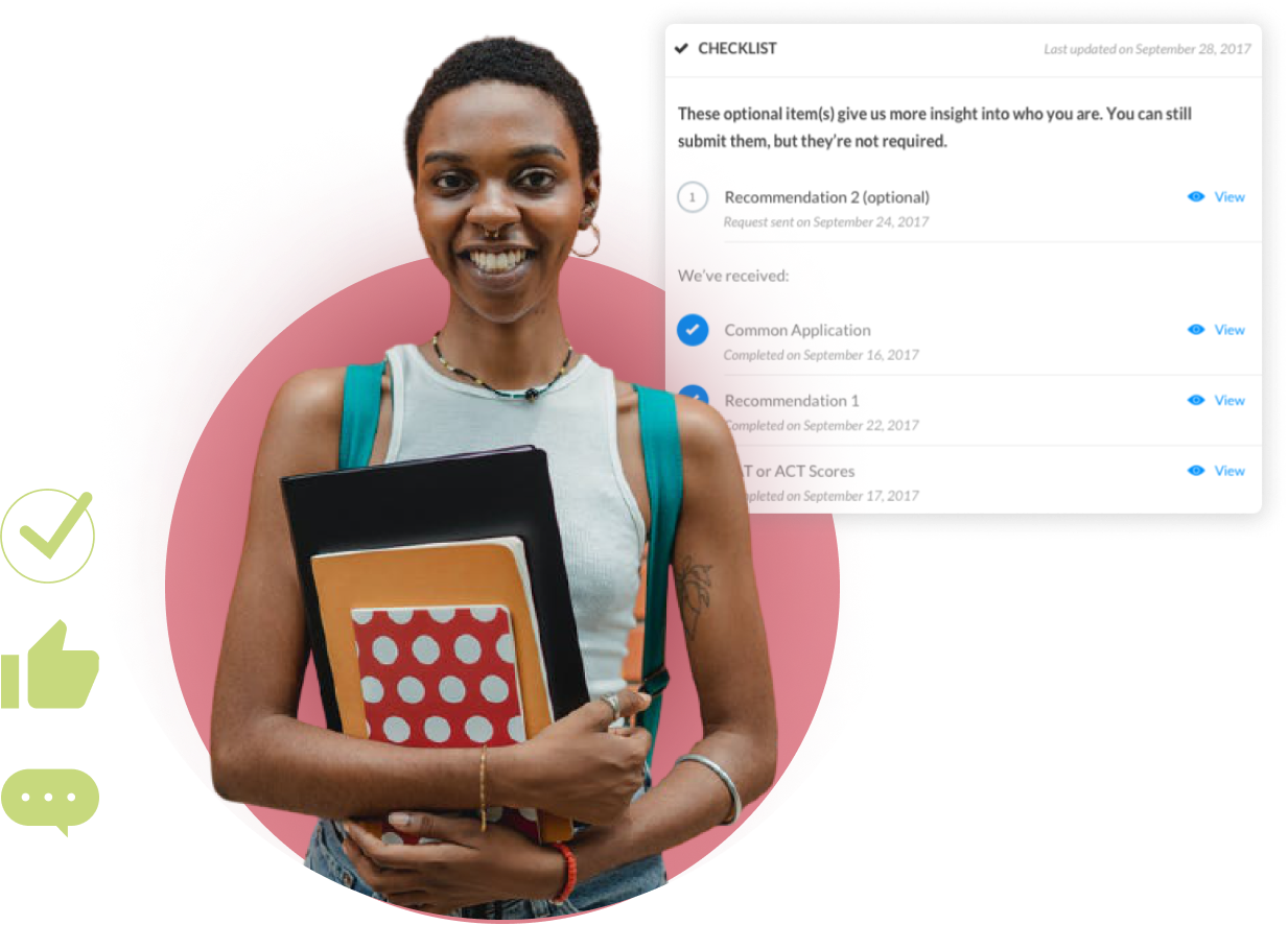 Black student smiling and holding notebooks and a laptop wearing a backpack. Beside her are a checkmark, thumbs up and communication bubble icons. On her right is a graphic of a checklist.