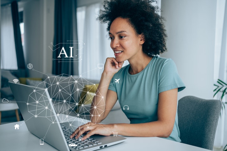 Female admissions staff using rtificial intelligence network concept. stock photo