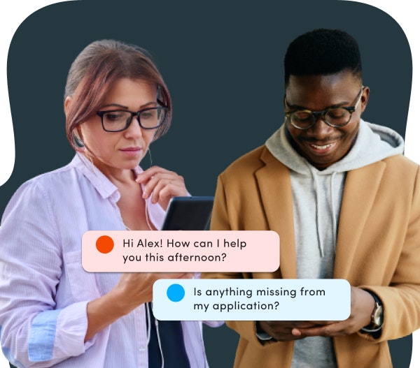 Graphic showing a chat conversation between an admissions counselor and a prospective student.