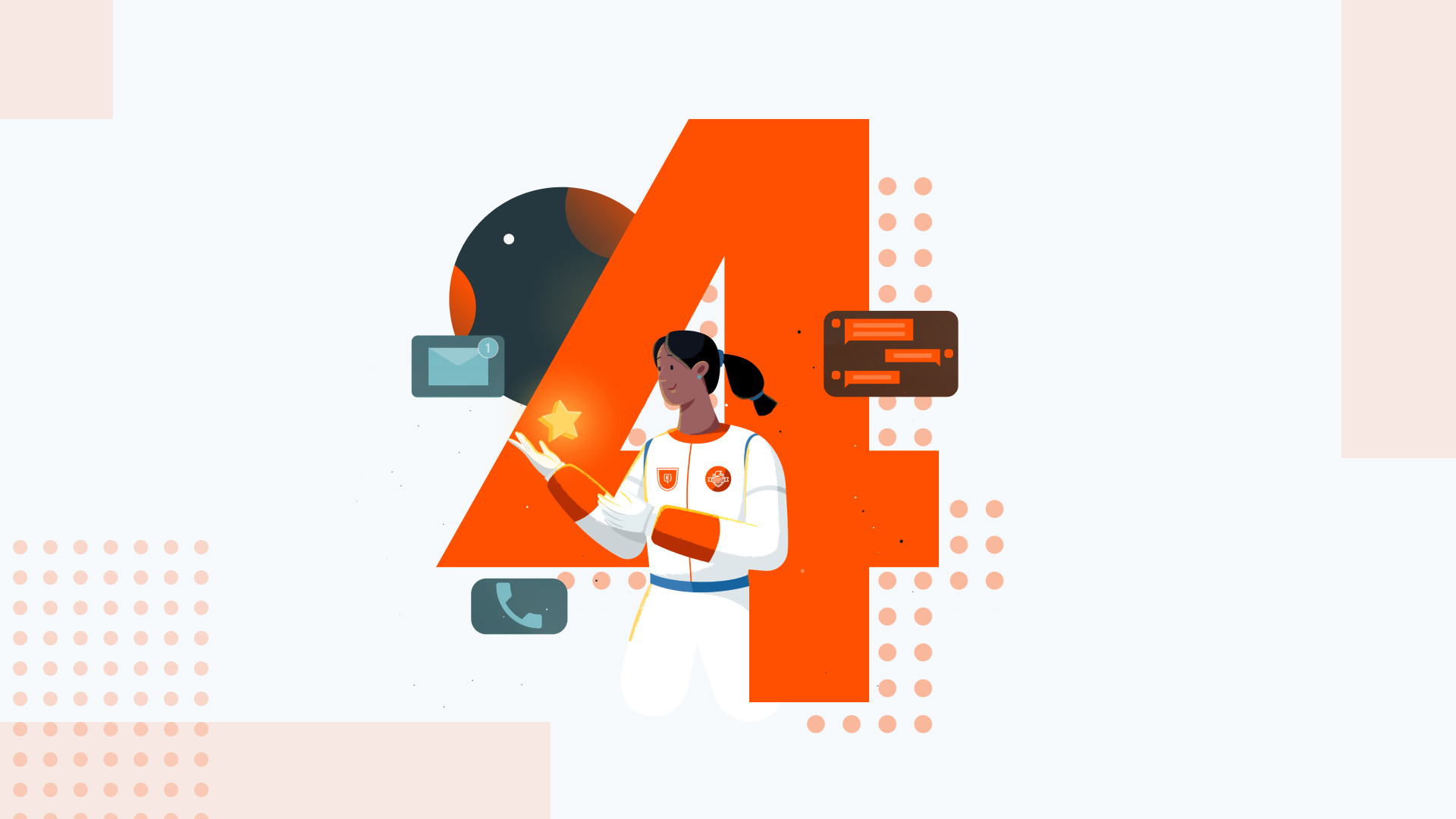 An image of a big 4 and a graphic of an astronaut with various communication bubbles around her.